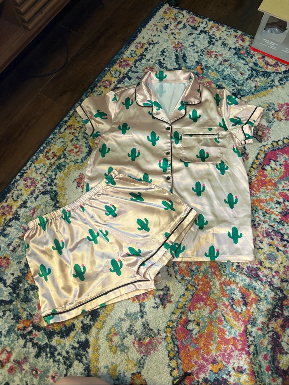 Satin Cactus Print Pajama Set - Blush Pink & Green